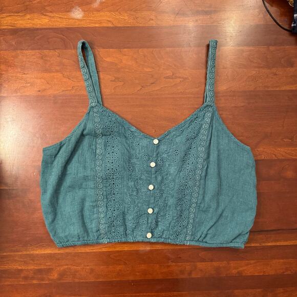 American Eagle Boho Teal Embroidered Button-Front Crop Top Size L - Picture 1 of 6